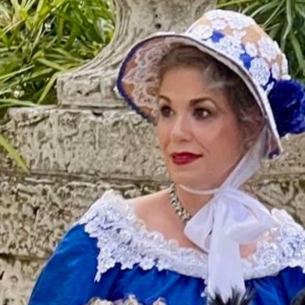 Elegant Blue and White Lace Dress with bonnet. Victorian and regency